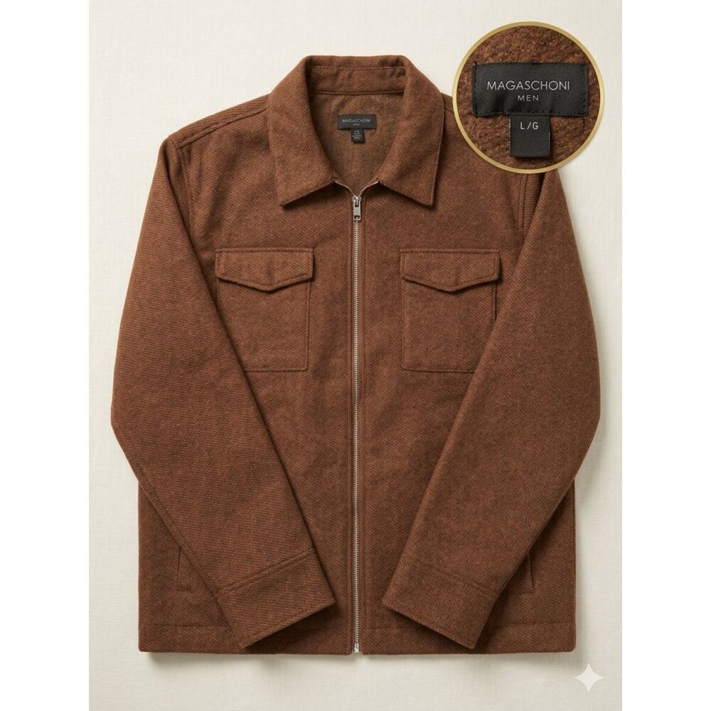 Magaschoni Man Brown Heathered Full Zip Shirt Jacket Shacket Mens L